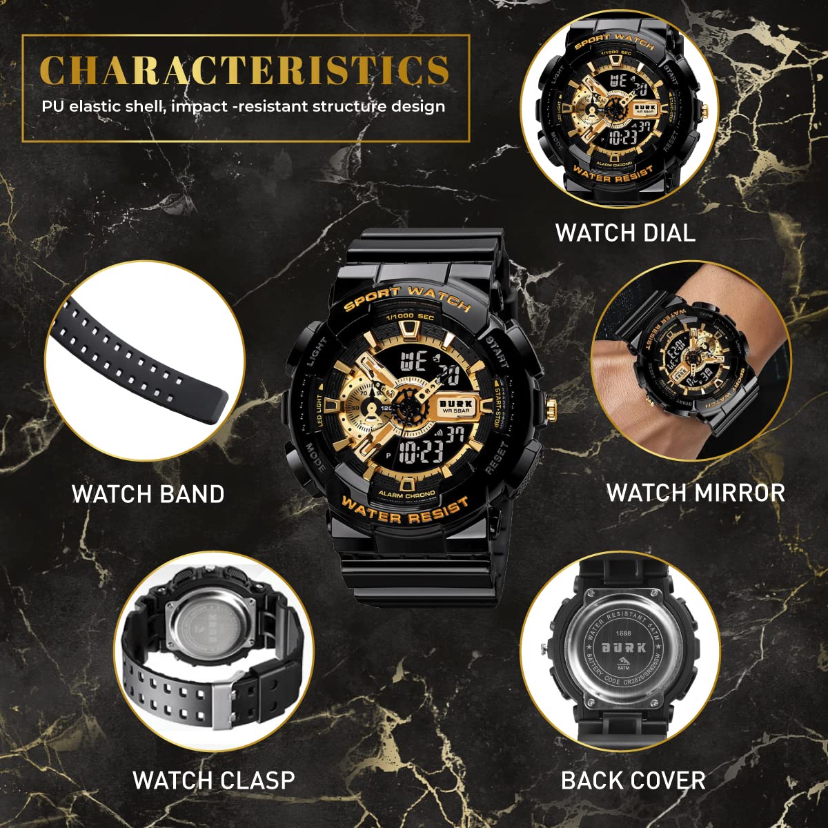 BURK 1688BKGD Military Wristwatch Men Water Shock Resistant Dual Time Sports Digital LED Display