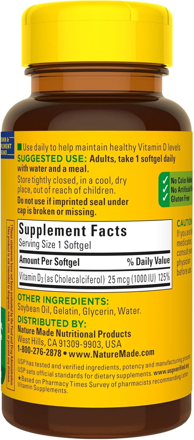 Nature Made Vitamin D3 1000 IU (25 mcg) Softgels, 100 Count for Bone Health† (Packaging May Vary): Health & Personal Care