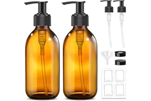 8 oz Glass Soap Dispenser with Pump，Homepicker Amber Pump Bottle Dispenser with Labels for Lotions, Aromatherapy Essential Oils - 2 Pack (Amber)