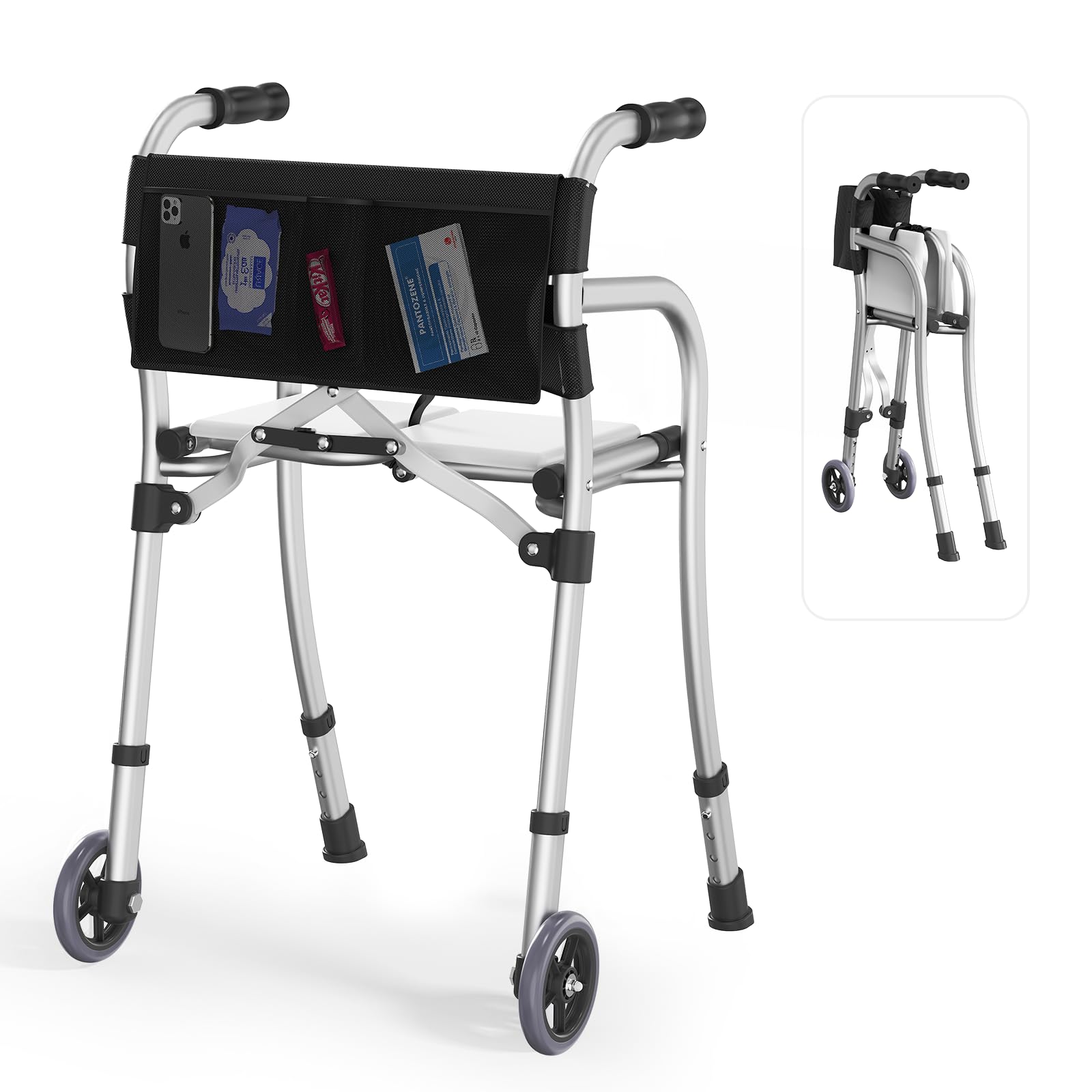 Photo 1 of Narrow Walkers for Seniors with Seat, Lightweight Folding Space Saver Mobility Rolling Walker,Height Adjustable Standard Walker with Aluminum Frame, 5-inch Wheels, Compact Travel Walker (Silver)