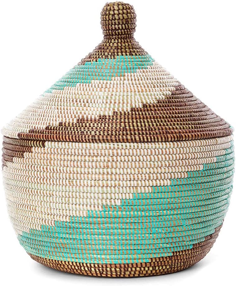 African Fair Trade Handwoven Warming Basket, Aqua, White, and Brown Spiral