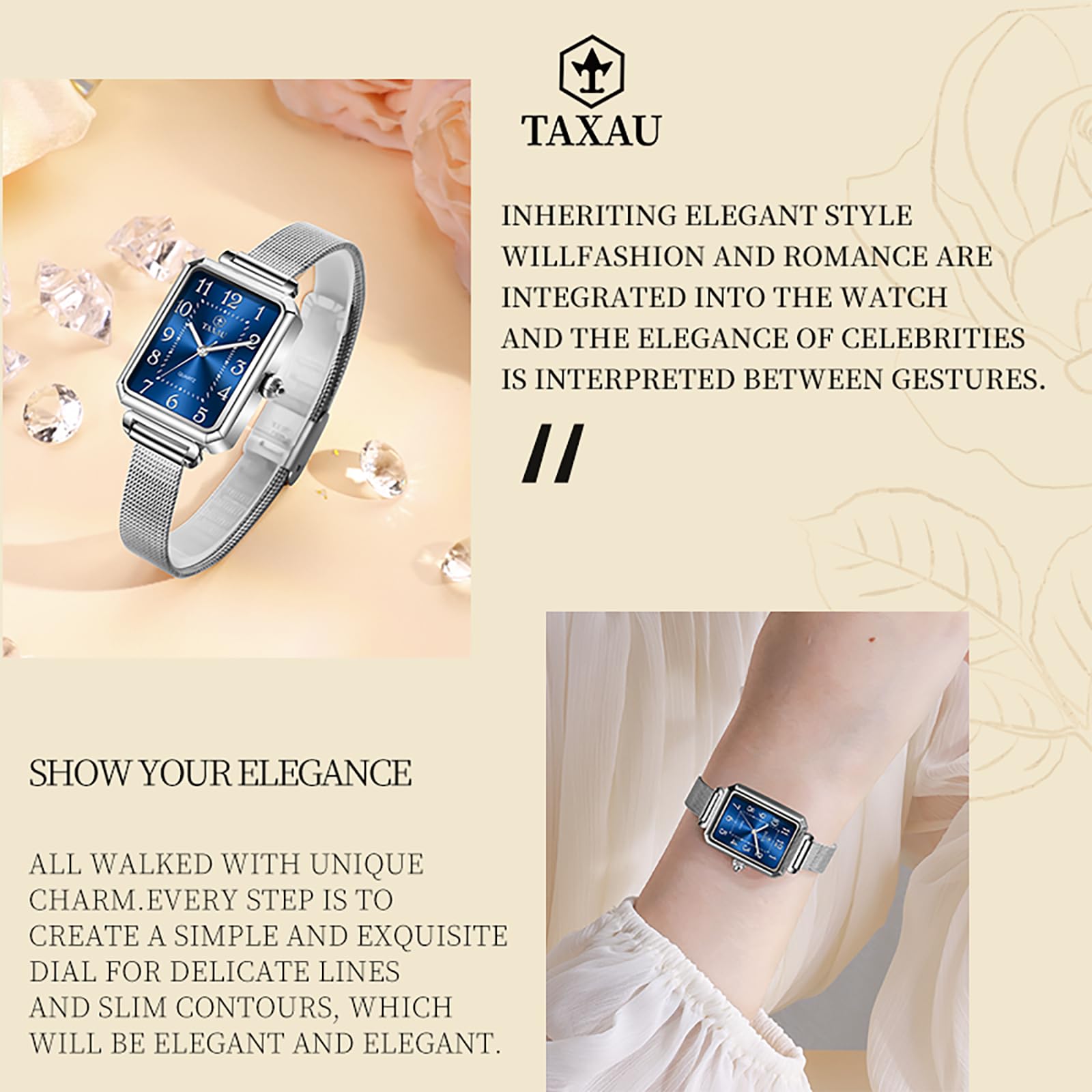 Taxau Damen Uhren Damenuhr Einstellbar Anspruchsvoll Damen Blaues Quadratisches Zifferblatt Kompakt Damenuhren Silberner Gurt Luxus Uhr Wasserdichtes Quarzwerk Watch for Women 8