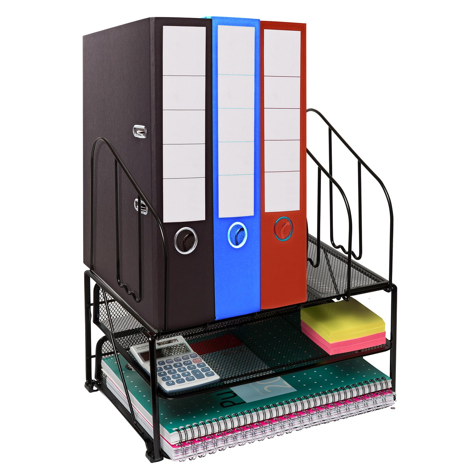 Amtido 2 Tier Letter Tray Metal Mesh Desk Organiser with 5 Upright Filing Dividers – Black Letter Organiser for Office Supplies, Paperwork, Documents, Home Workspace and Stationery Storage