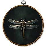 Hiuwevt Dark Dragonfly Round Wall Art Decor, Vintage Dark Academic Dragonfly Framed Canvas Prints, Gothic Dragonflies Round W