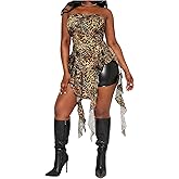 WDIRARA Women's Plus Size Leopard Strapless Ruffle Tube Top Asymmetrical Long Bandeau Tops