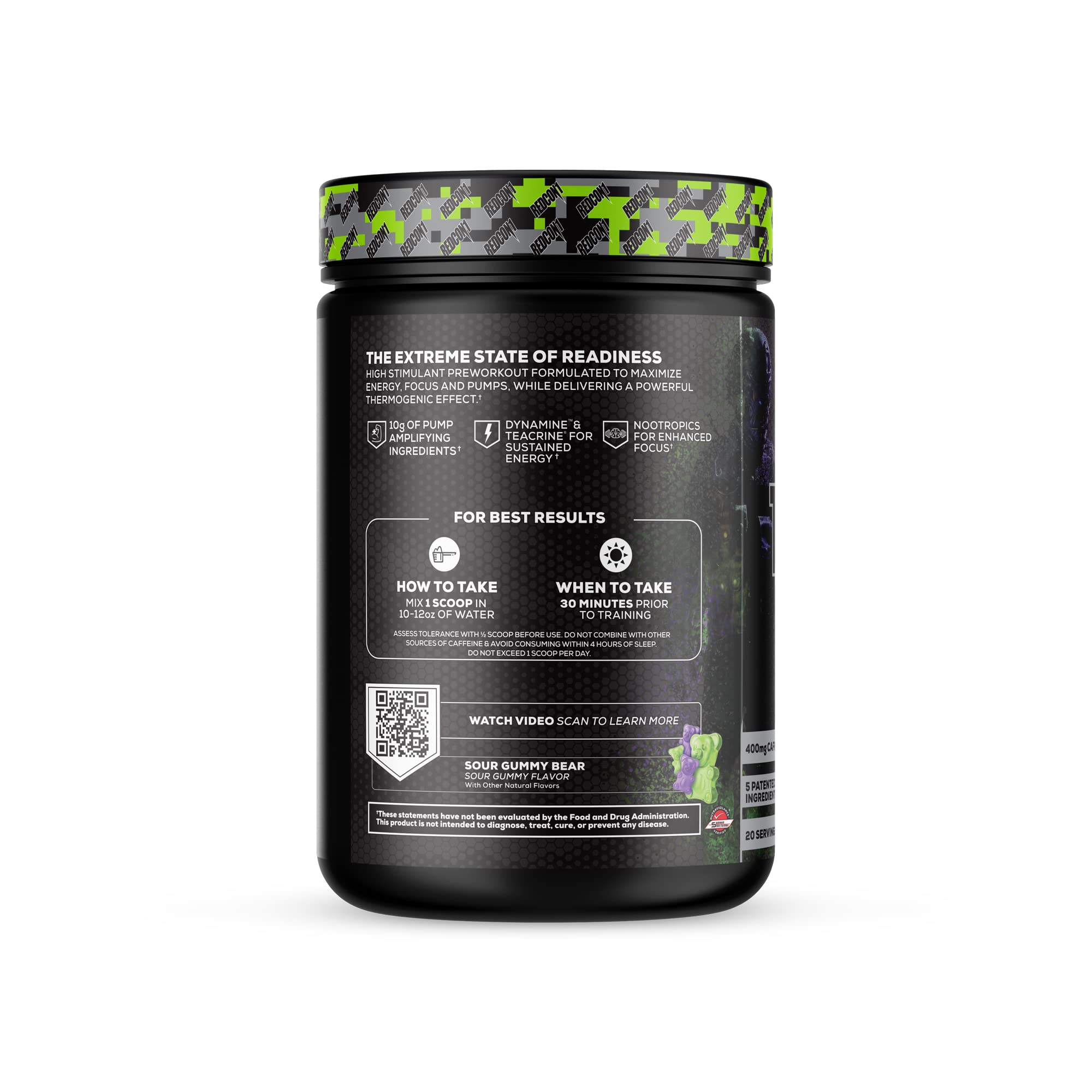REDCON1 Total War Black Ops Extreme Preworkout Powder, Sour Gummy Bear, High Stimulant, 400 mg Caffeine, NO3-T Nitrates + L-Citrulline, Increase Blood Flow, Muscle Pumps (20 Servings)
