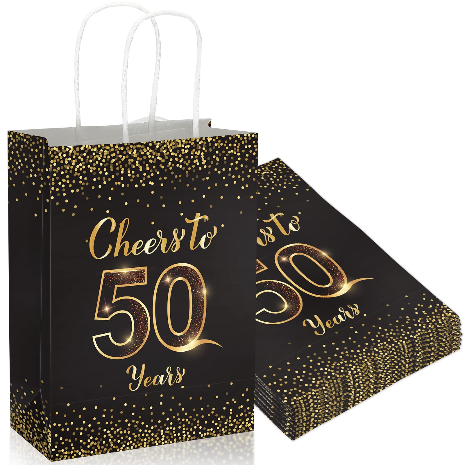 Photo 1 of 16 Pack 50th Birthday Gift Bags Cheers to 50 Years Ideas Party Favors Bags with Handles Black and Gold Treat Paper Candy Goodie for Birthday Anniversary Wedding Decorations Supplies