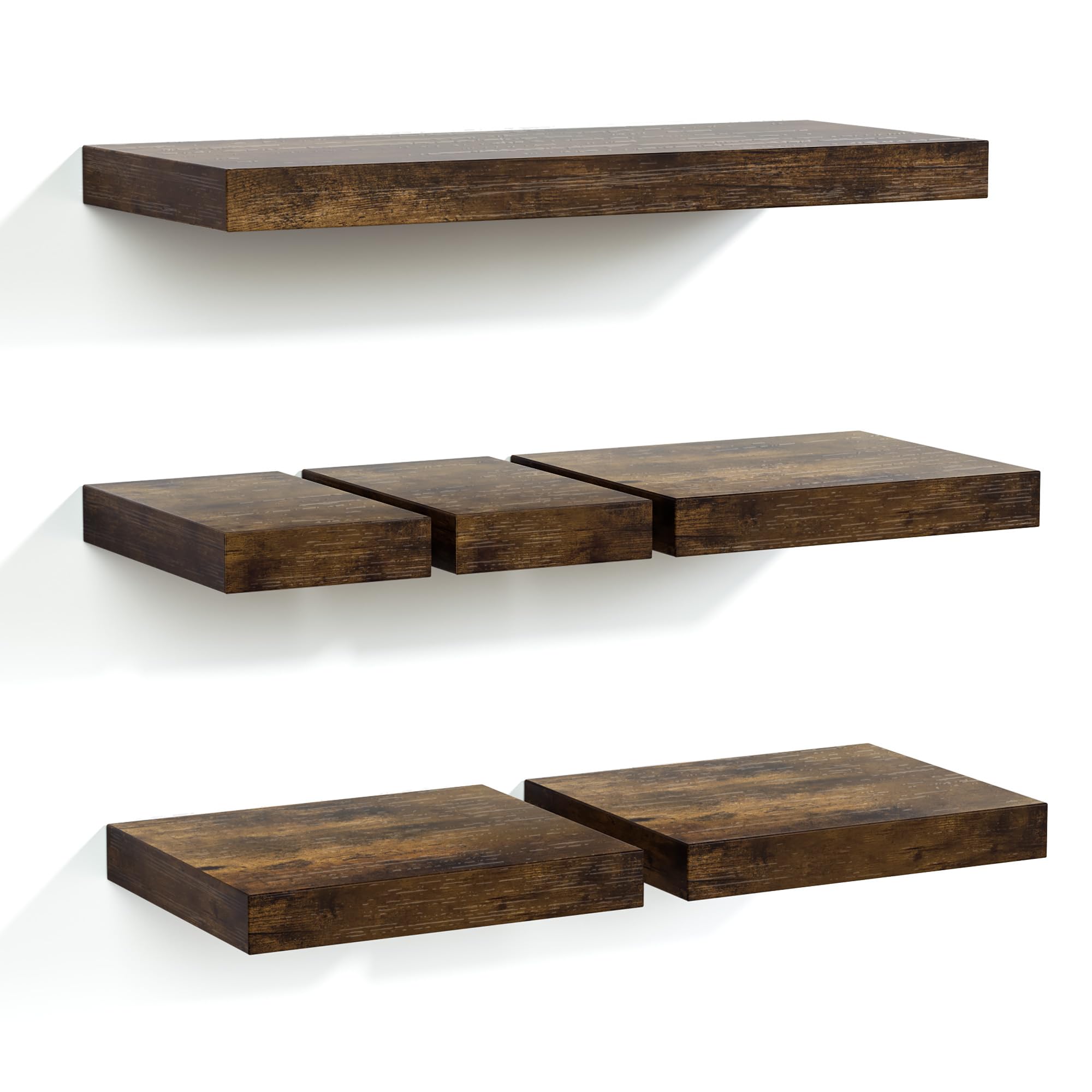 Photo 1 of **MISSING PIECES** Love-KANKEI Floating Shelves Wall Mounted Set of 6, Wood Wall Shelves with Invisible Bracket,Rustic Hanging Shelves for Display,Bedroom Living Room Bathroom Kitchen Office Brown