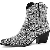 MISSMILLER Rhinestone Boots for Women Sparkly Cowgirl Boots Pointed Toe Chunky Heels Rhinestone Cowboy Boots