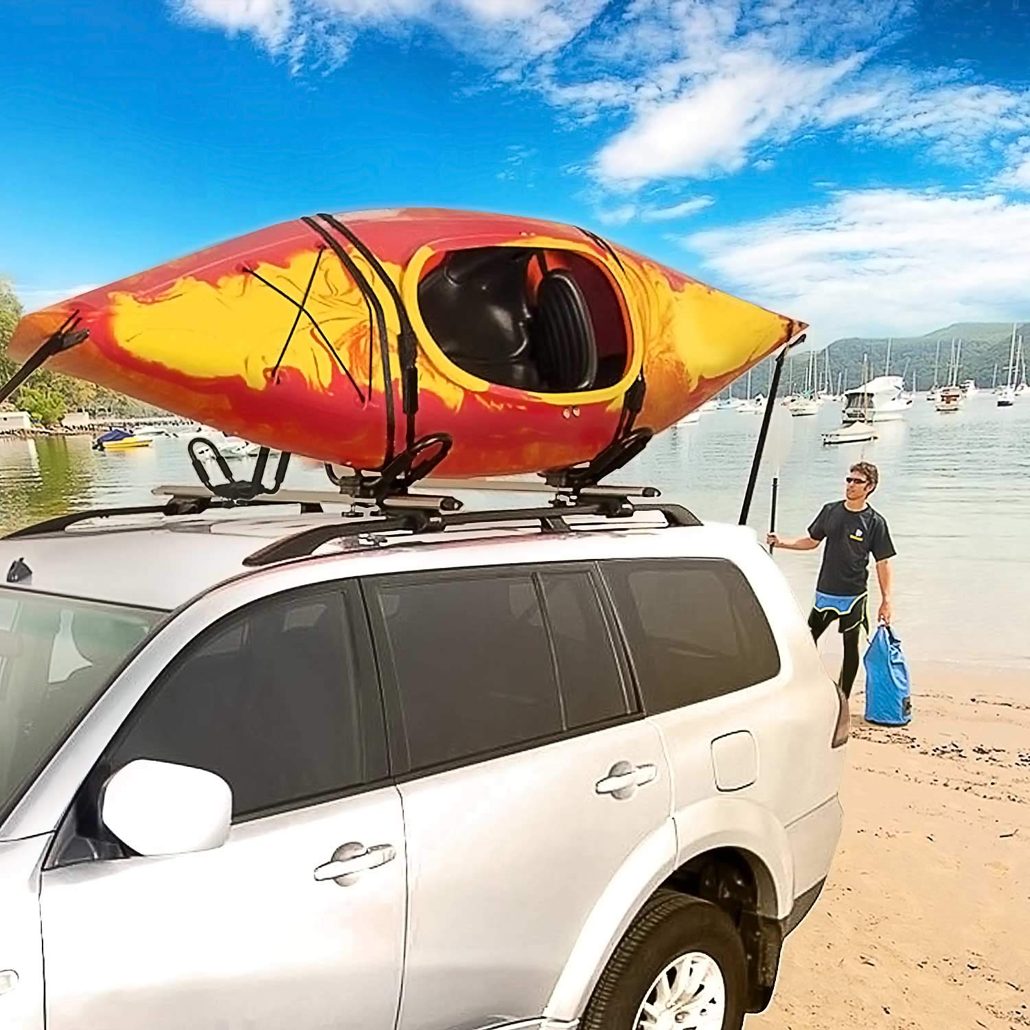 Leader Accessories Kayak Rack 4 PCS/Set J Bar for Canoe Surf Board SUP On Roof Top Mount Crossbar with 4 pcs Tie Down Rachet Straps
