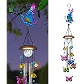 Solar Wind Chimes for Outside, 33.5 Inch Butterfly Wind Chimes Outdoors with Crackled Glass Ball Decorative Hanging in Garden, Yard, Patio