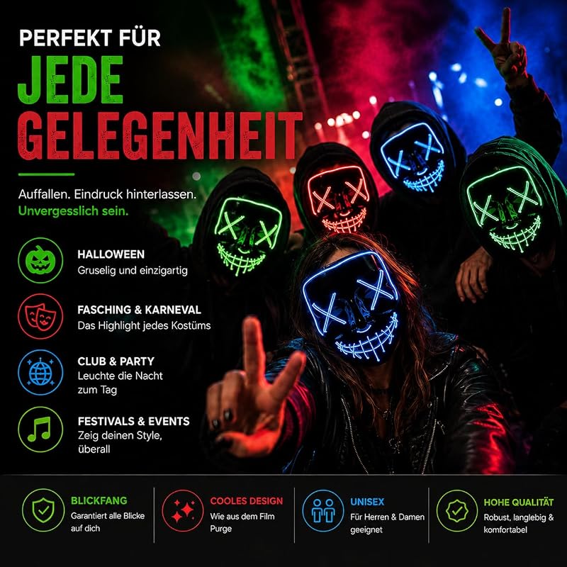 Máscara de terror LED rojo y azul - como de Purge con 3 efectos de luz, controlable, para Halloween como disfraz para hombres y mujeres — foto 2 de 7