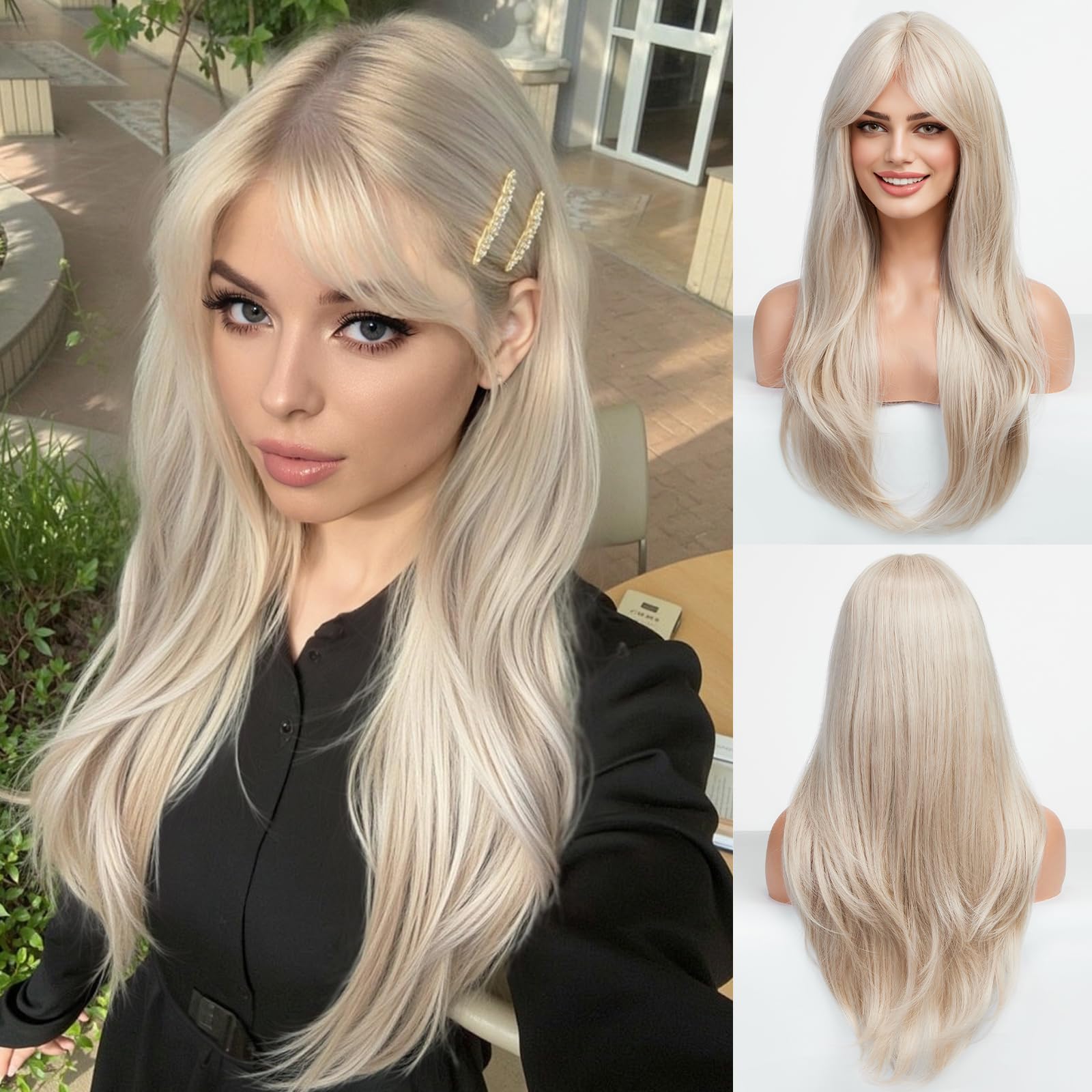 HARICUBE Wigs for Women - Long Curly/Wave Wigs with Bangs Natural Synthetic Heat Resistant (Blonde)