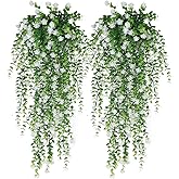 WEIDOLLAR Artificial Hanging Flowers for Outdoor Indoor Decor, 6 Packs Fake Eucalyptus Vine Faux Flower Greenery Garland Plastic Plants Outside Wall Garden Wedding Home Party Decor (White)