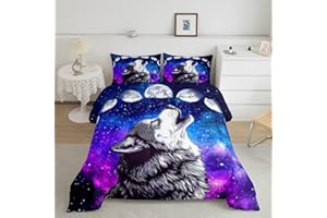 Erosebridal Howling Wolf Down Comforter Blue Purple Starry Sky Bedding Set Twin Size,Galaxy Series Comforter Set for Child Teens Youth Man,Trippy Stars Moon Bed Quilt Wild Animal Themed Room Decor
