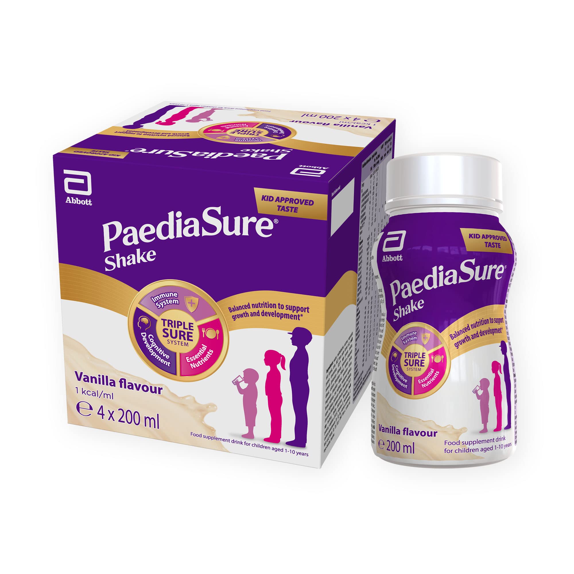 PaediaSure Shake Ready-To-Drink Bottles, 4 x 200ml, Vanilla Flavour, Supplement for Kids with 26 Vitamins & Minerals, Vitamin D, Iron & Protein, Supports Kids’ Healthy Growth & Immunity