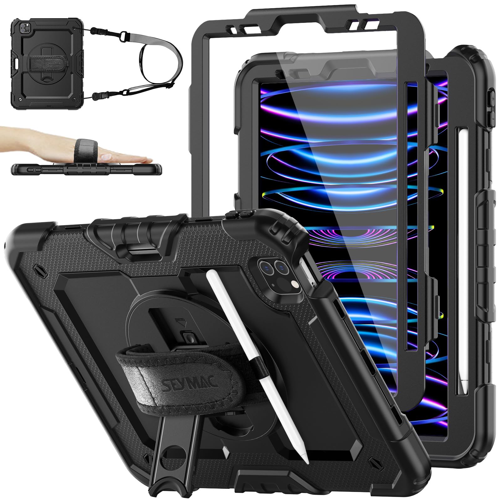 SEYMAC stock Case for iPad Pro 11-inch (2022/2021/2020/2018), Heavy Duty Shockproof Case with Screen Protector, Pencil Holder [360° Rotating Stand/Hand Strap]& Shoulder Strap, Black