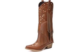 Bybmorto Cowboy Boots for Women - Fringe Knee High Cowgirl Boots with Classic Embroidery, Pointed Toe Pull on Retro Design, Perfect for Western Parties, Weddings and Events