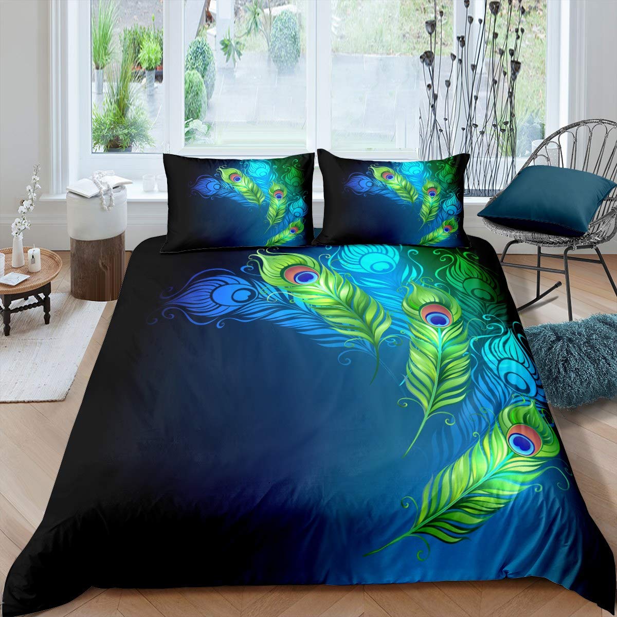Feather Print Bedding Set Boho Style Comforter Cover for Kids Boys Girls Peacock Feather Duvet Cover Beautiful Feather Decoration Quilt Cover,Room Decor 3Pcs Bedding King — image 1