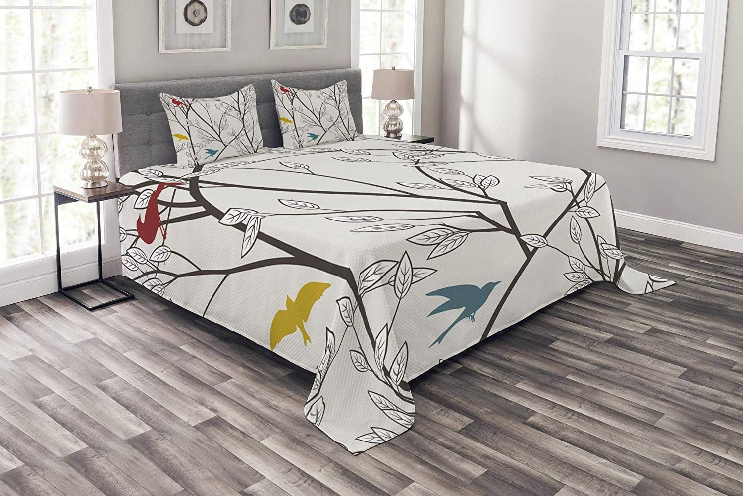 Verchant Nature Bedspread Set Twin Size, Birds Wildlife Cartoon Like Image with Tree Leaf Art Print, Decorative Quilted 3 Piece Coverlet Set with 2 Pillow Shams, Grey Maroon Blue and Mustard