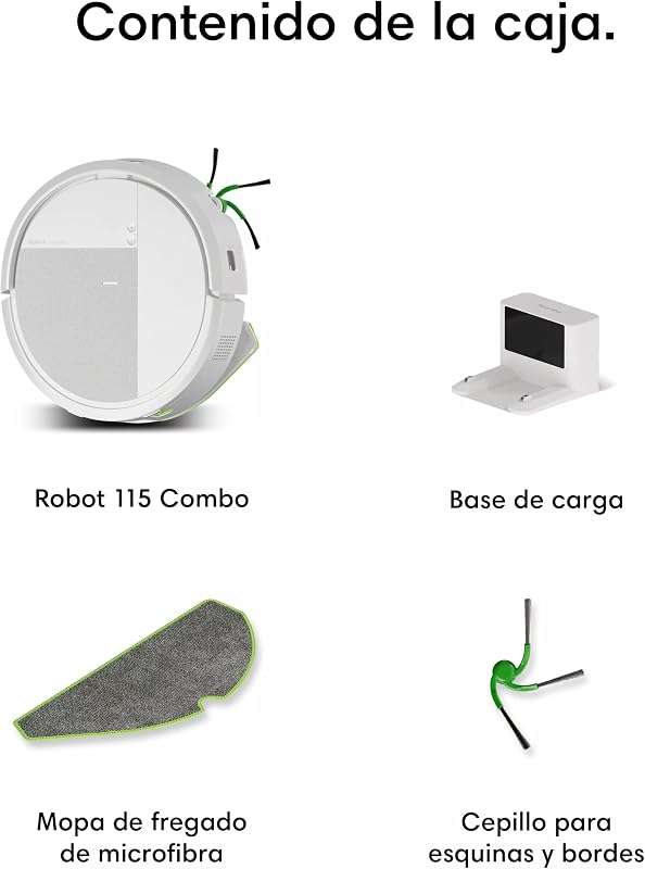 Roomba 115 Combo, Robot Aspirador y friegasuelos 2 en 1, Potencia de succión de 15000 Pascales, Cepillo Lateral Flexible, Mopa de fregado extendida, Navegación Clearview LiDAR, App, Blanco