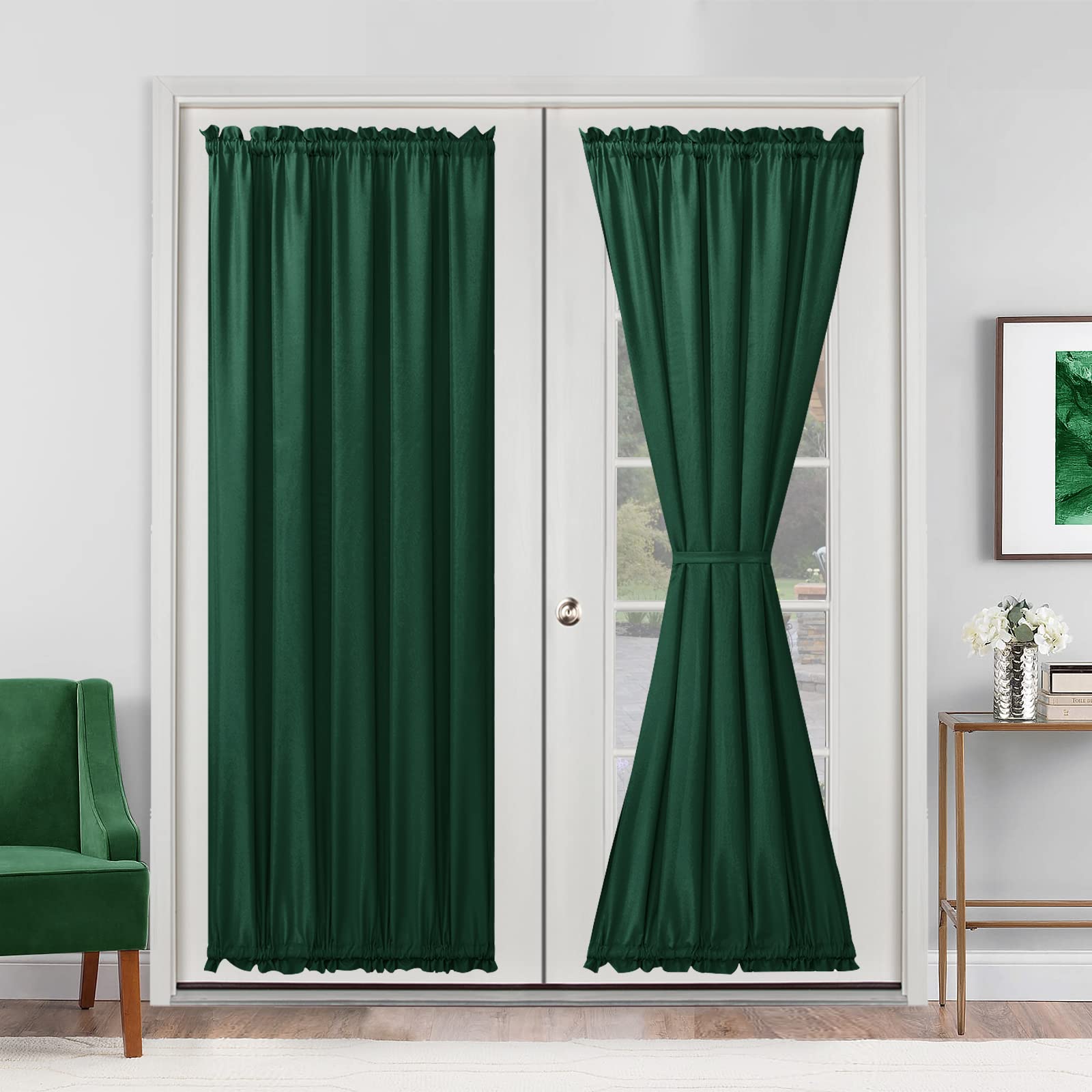 Hiasan French Door Curtains Privacy, Rod Pocket Semi Sheer Front Curtain for Door Window, 1 Panel (Hunter Green, W 52 inch x L 72 inch)