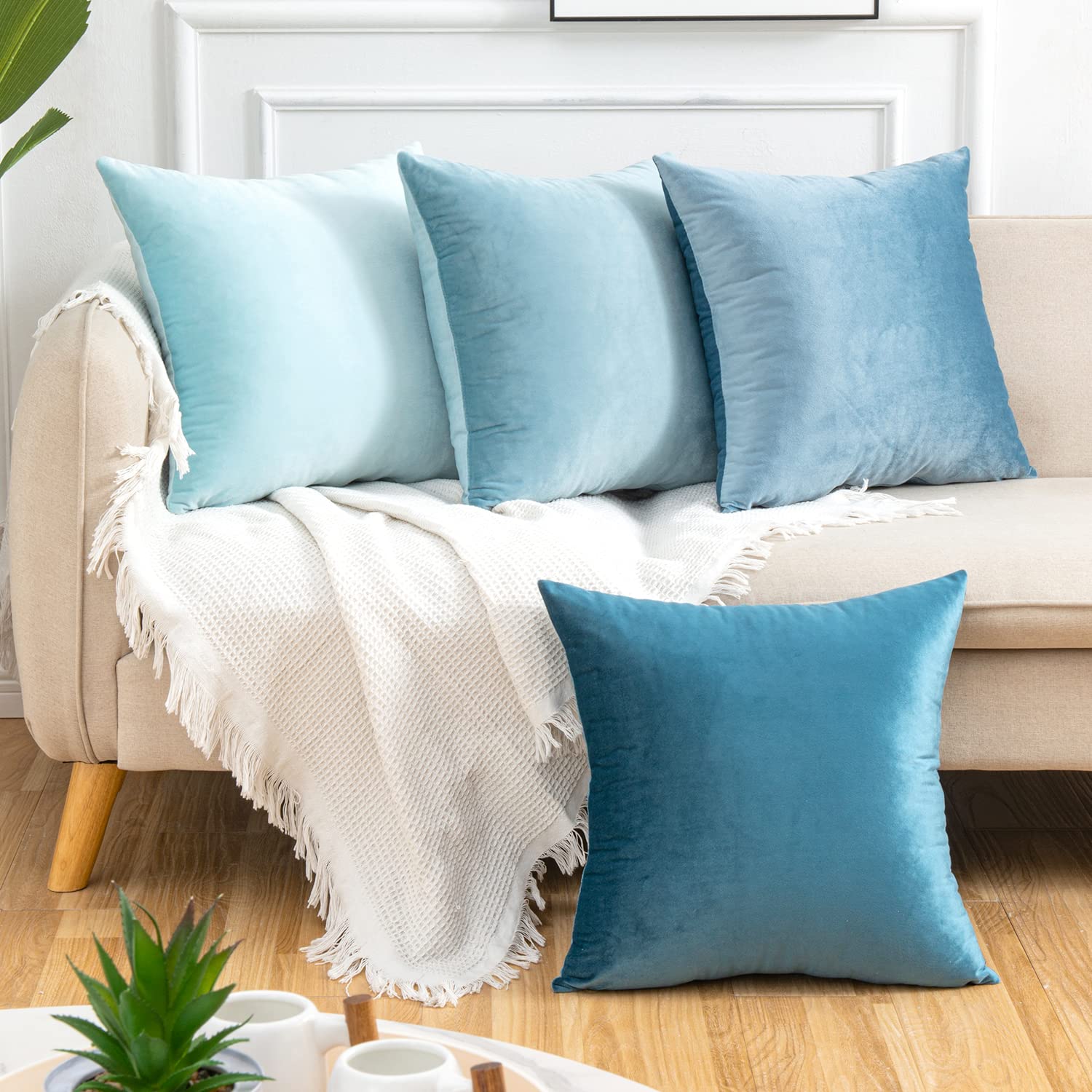 Yonous Gradient Colors Combo Set Cushion Covers, Premium Velvet Soft Square Decorative Throw Pillow for Sofa Bedroom Car, Set of 4, (18''x18'', Blue-Light Blue) โ image 1