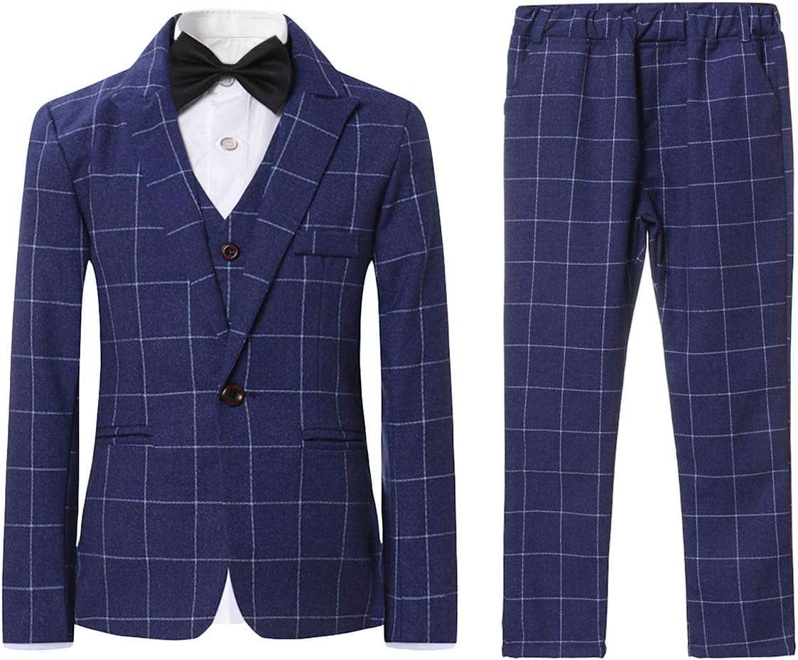 Boys Plaid Suits 3 Pieces Suit Set Blazer Vest Pants Formal 7 Colors for Wedding Party