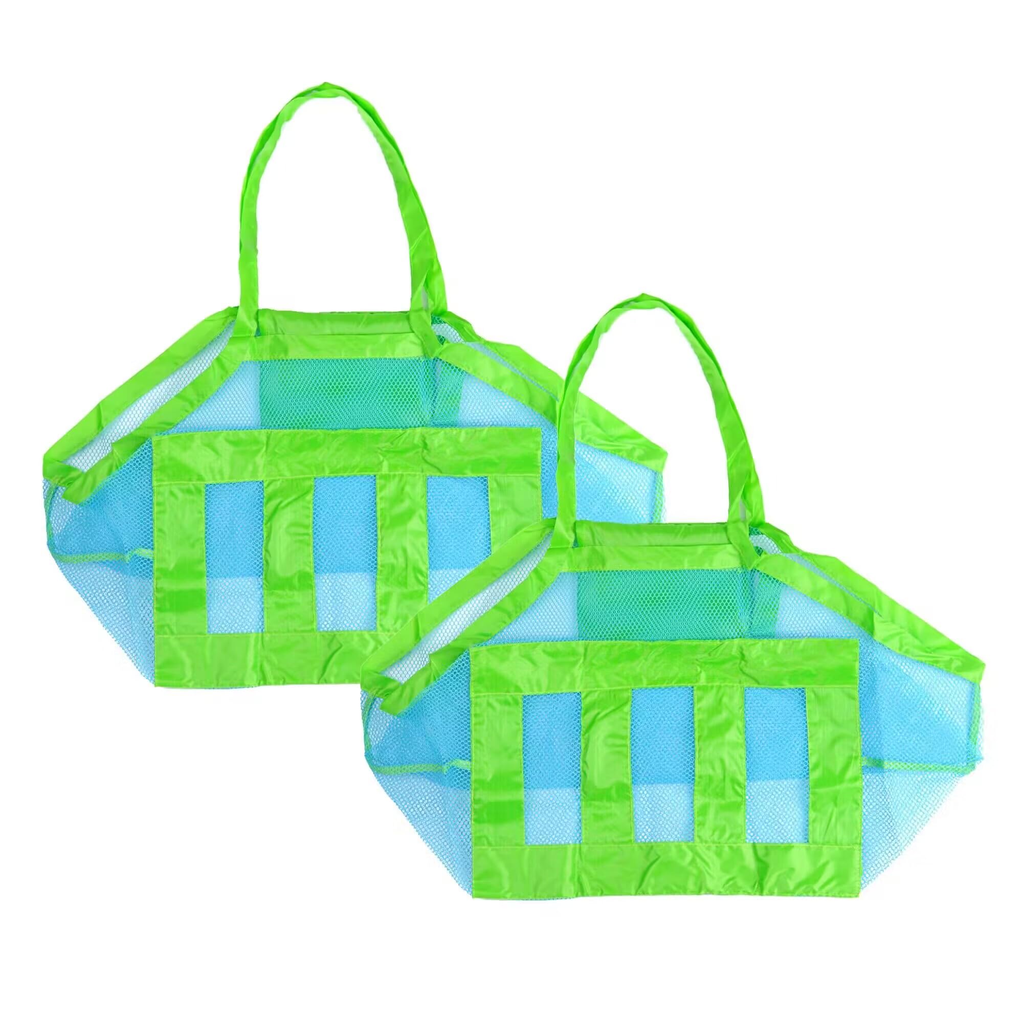 Large Summer Beach Mesh Bags 2pcs - Folding Lightweight Reusable Net for Child's Toys, Wet Towels, Shoes - Foldable Sand Away Tote With Pocket 18x12x18inch Blue Mesh Green Strap