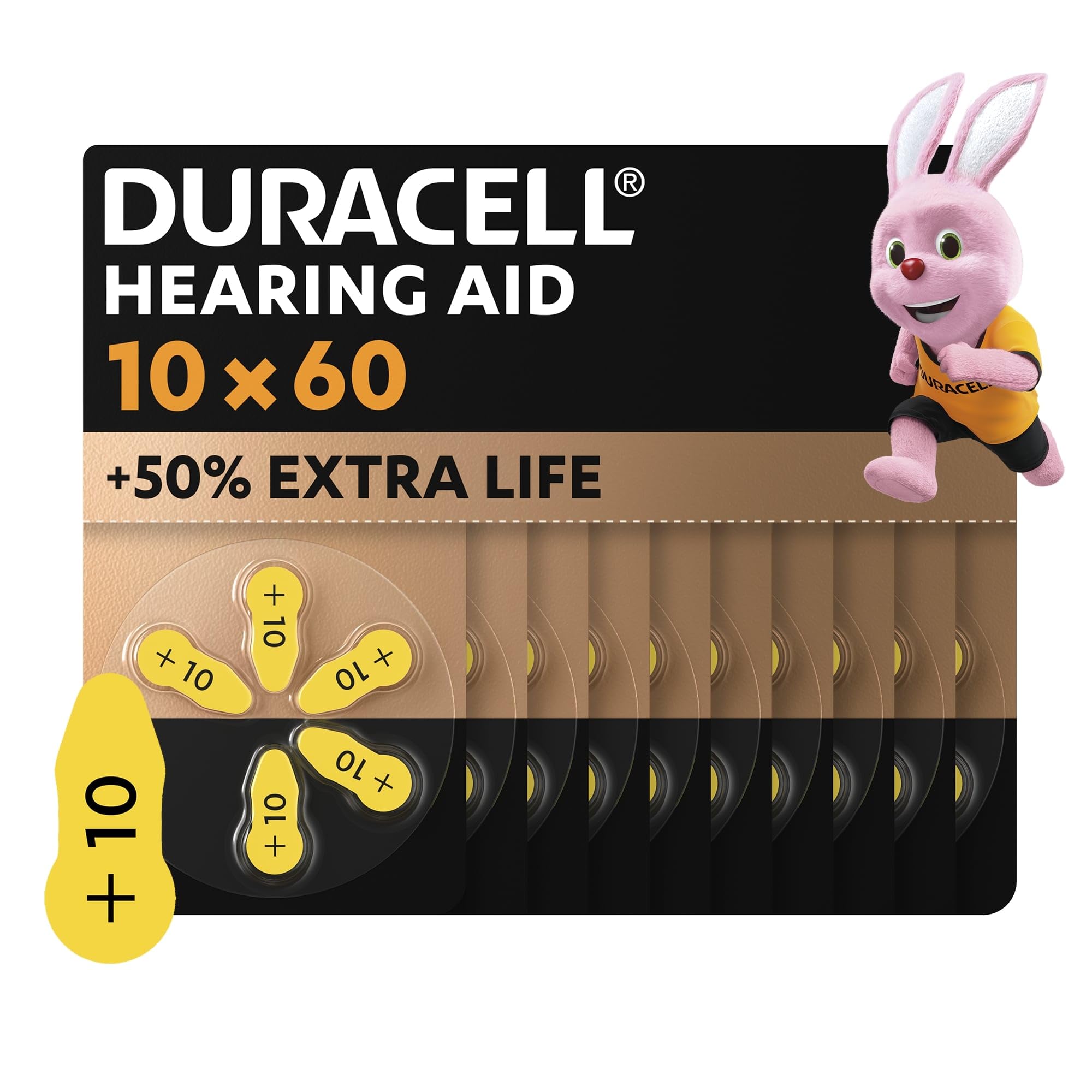 Duracell size 10 Hearing Aids batteries (pack of 60) +50% Extra Life, Easy Installation, 100% recyclable packaging, guaranteed 4 years in storage