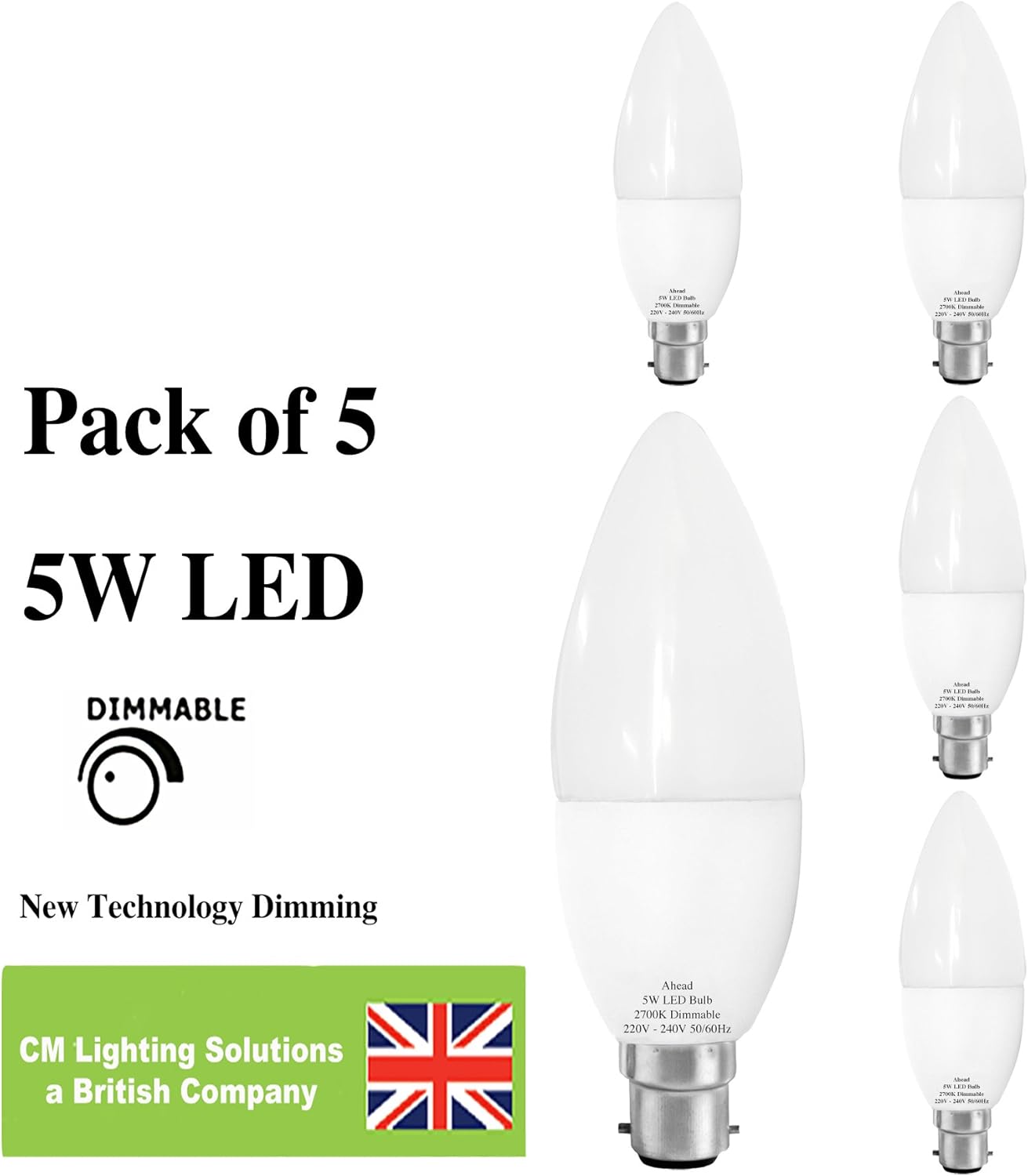 CMLS, Pack of 5, 5W LED Candle Bulb Dimmable B22 BC Warm White