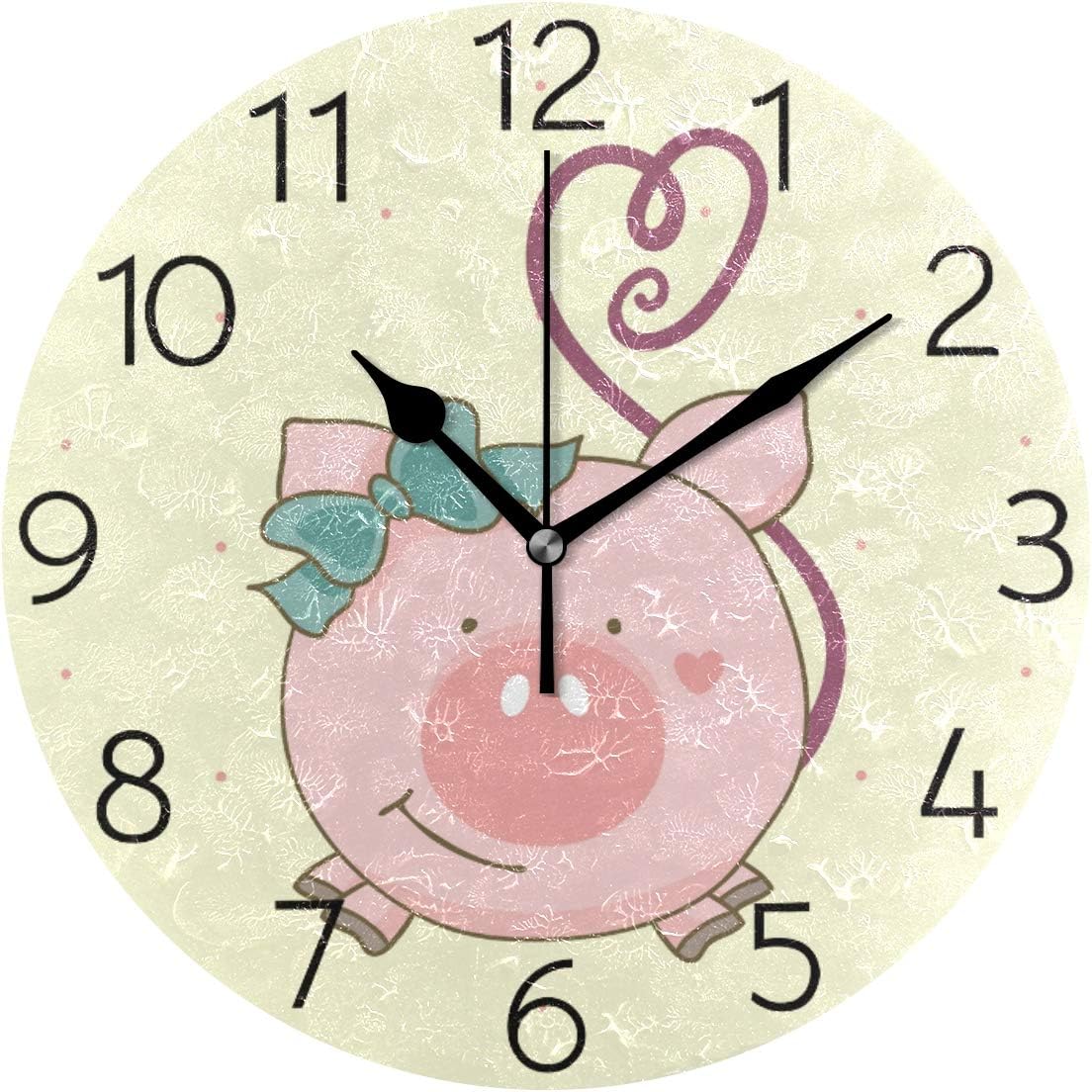 AGONA Cute Cartoon Pet Pink Pig Wall Clock, Art Creative Wall Clocks Battery Operated Non Ticking Silent Wall Clock Decorative for Living Room Kids Room Decor Kitchen
