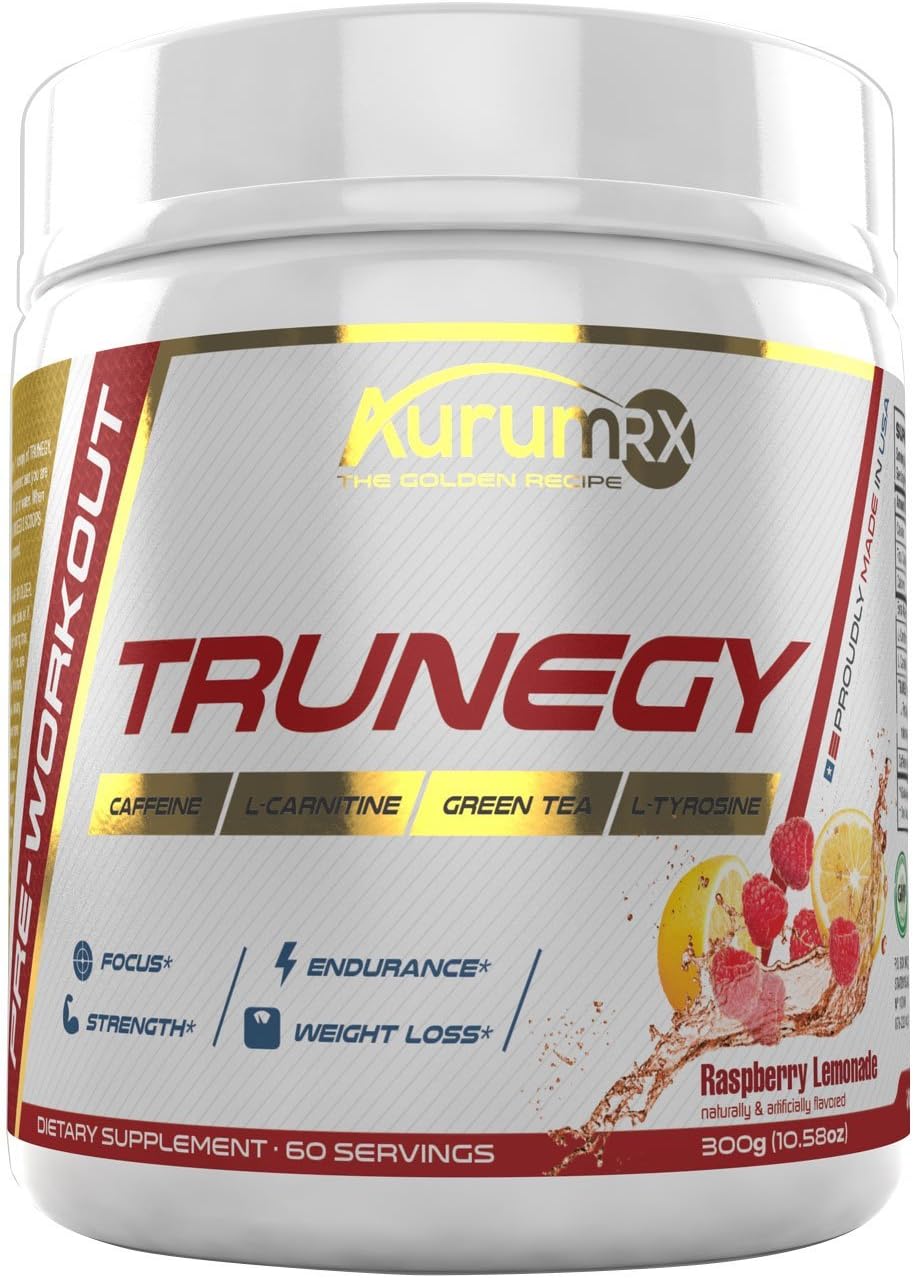 AurumRX TRUNEGY Pre Workout Supplement with Explosive Focus, Energ, Performance and Weight Loss. Preworkout for Men and Women (60 Servings), 300g/10.58 oz, Raspberry Lemonade