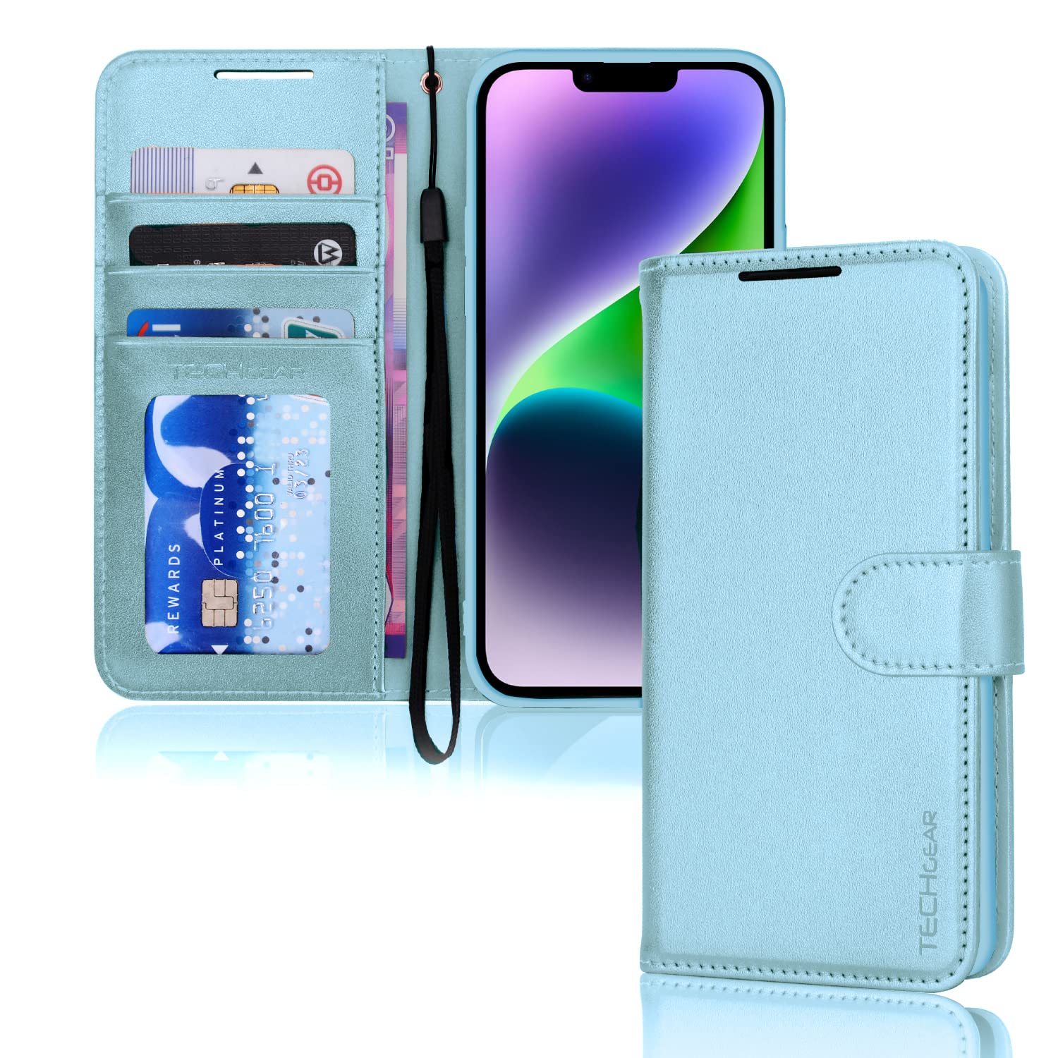 TECHGEAR iPhone 14 Plus Leather Wallet Case, Flip Protective Case Cover with Wallet Card Holder, Stand and Wrist Strap - Light Blue PU Leather with Magnetic Closure Designed for iPhone 14 Plus 6.7"