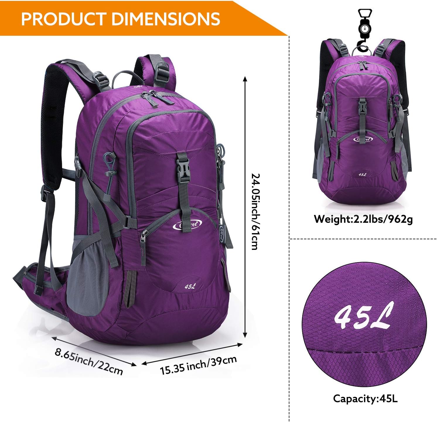 G4Free 45L Waterproof Hiking Backpack with Rain Cover Large Rucksack Travel Daypack for Outdoor Camping Mountaineering Trekking - Image 3