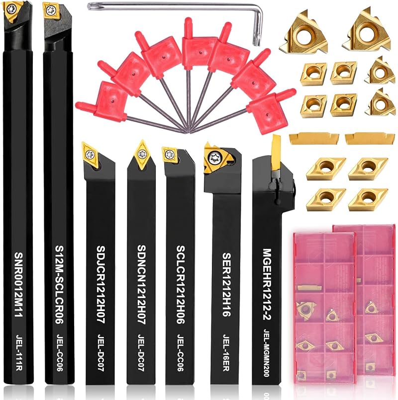 Donken Carbide Lathe Turning Tool Set 12mm Shank 7Pcs with 2 Inserts