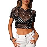 winkbay Women's Sequin Crop Top Glitter Sheer Short Sleeve Party Club T Shirts Night Out Outfit