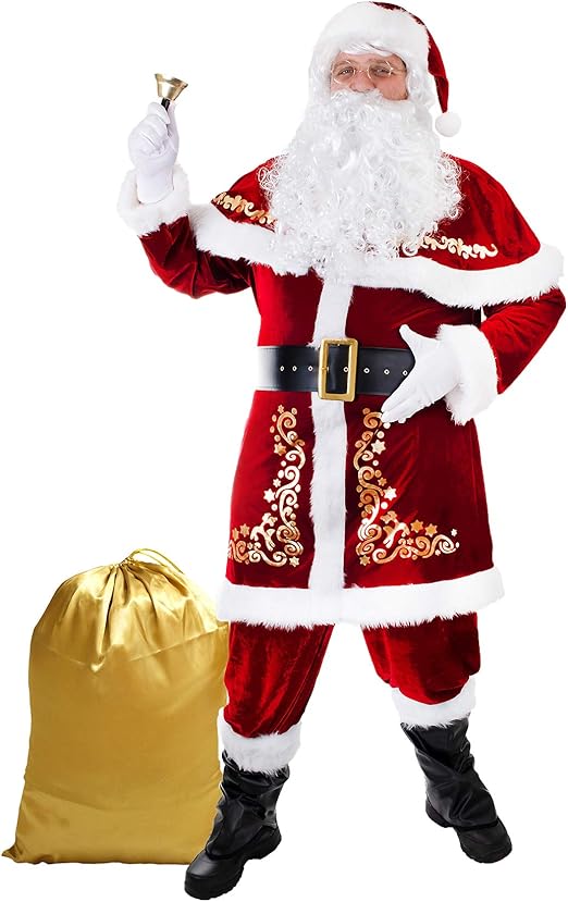 Ahititi Santa Costume for Men 12pcs Set Red Deluxe Velvet Christmas