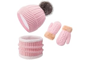 BUSYLITTLEBEE Kids Winter Beanie Hat Gloves Scarf Set 1-10 Years Old Girls Boys Mittens Knit Neck Warmer Warm Fleece lining