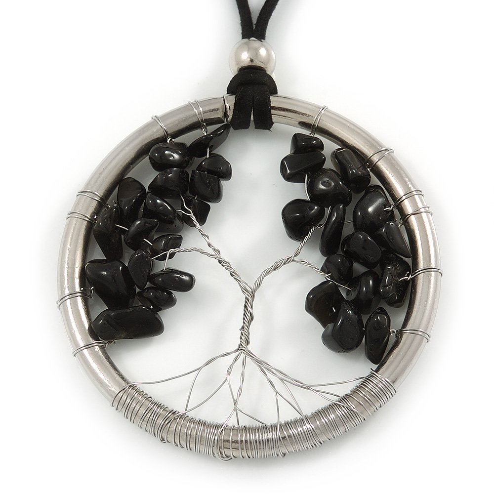 Avalaya 'Tree Of Life' Open Round Pendant with Black Semiprecious Stones on Black Suede Cord - 88cm L