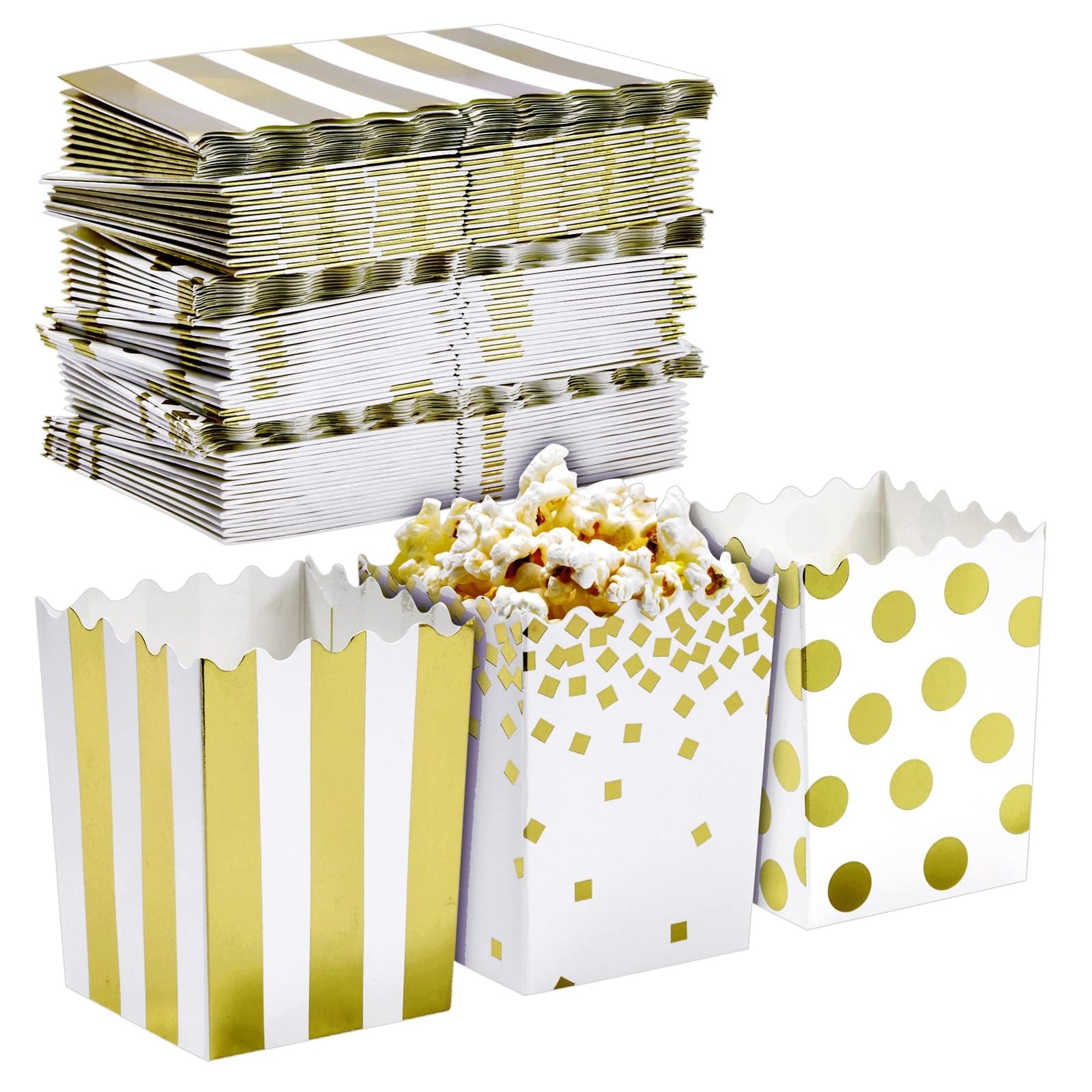 Photo 1 of Juvale Mini Popcorn Boxes - Popcorn Containers for Bar Supplies, Carnival Decor & Circus Decorations & Movie Party Favors - 3 x 4 x 2.8 in, White & Gold Polka Dot, Pack of 60