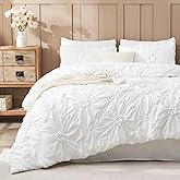 Jameswish White Comforter Set Queen Size Bed in A Bag 7 Piece Pinch Pleat Bedding Set,Pintuck Ruched Flowers Bed Set with Comforter, Sheets, Pillowcases & Shams