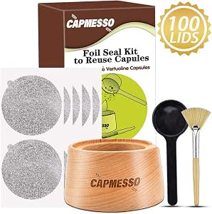 CAPMESSO Reusable Nespresso VertuoLine Capsule Kit – 100 Foil Lids, Holder, Brush & Scoop For Refilling - View #4
