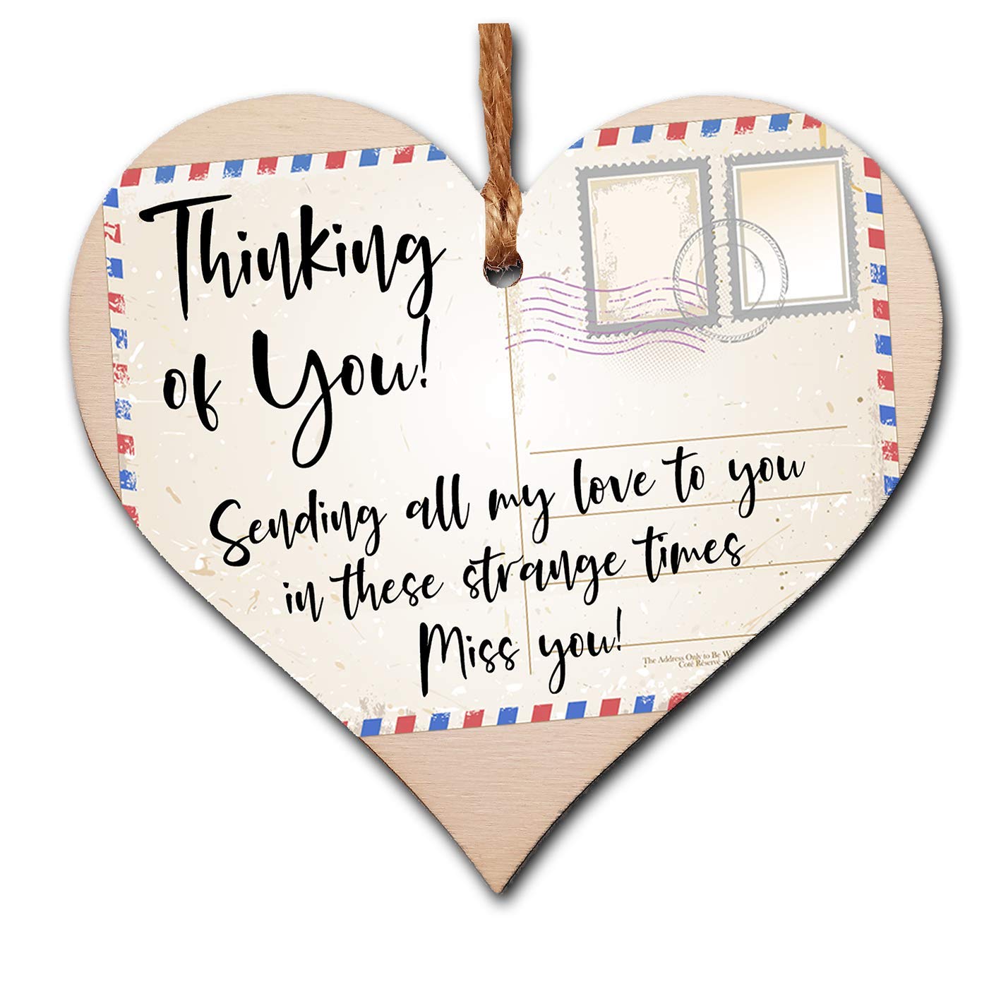 Thinking of You Heart Plaque – Wooden Hanging Gift Sign with Twine – Letterbox-Friendly Keepsake – 10x10cm Italian Plywood – Thoughtful Present for Loved Ones Far Away or Going Through a Hard Time