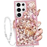 Changjia for Samsung Galaxy S25 Ultra Glitter Bling Case,Cute Luxury 3D Sparkle Crown Crystal Rhinestones Diamonds Stunning Stones with Lanyard Wrist Strap Women Girls Cover for Galaxy S25 Ultra,Pink