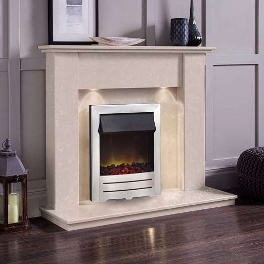Cream Marble Stone Modern Surround Electric Wall Fireplace Suite
