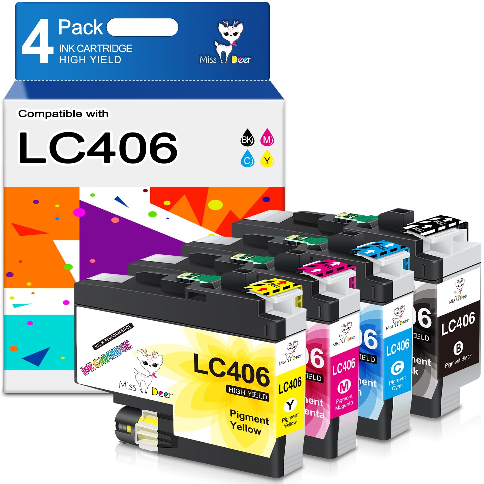Photo 1 of Miss Deer LC406 Ink Cartridges 4-Pack, Compatible Replacement for Brother LC 406 XL LC406XL for MFC-J4335DW MFC-J4345DW MFC-J4535DW MFC-J5855DW MFC-J5955DW MFC-J6555DW MFC-J6955DW Printer (BK/C/M/Y)