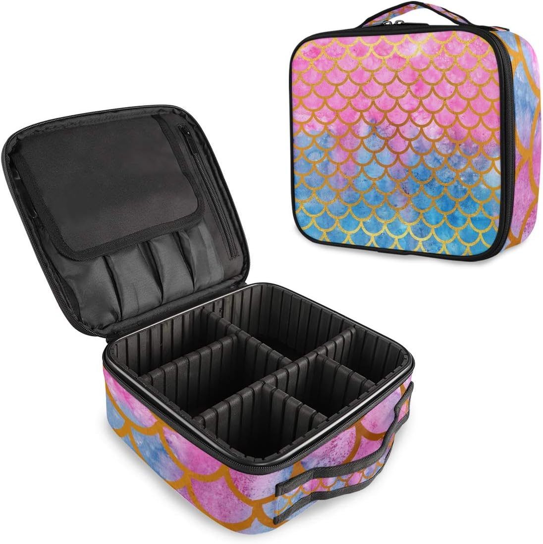 Travel Makeup Bag, Makeup Bag Organizer, Makeup Travel Case, Cute Makeup Bag Large with Adjustable Dividers Fish Mermaid Scales
