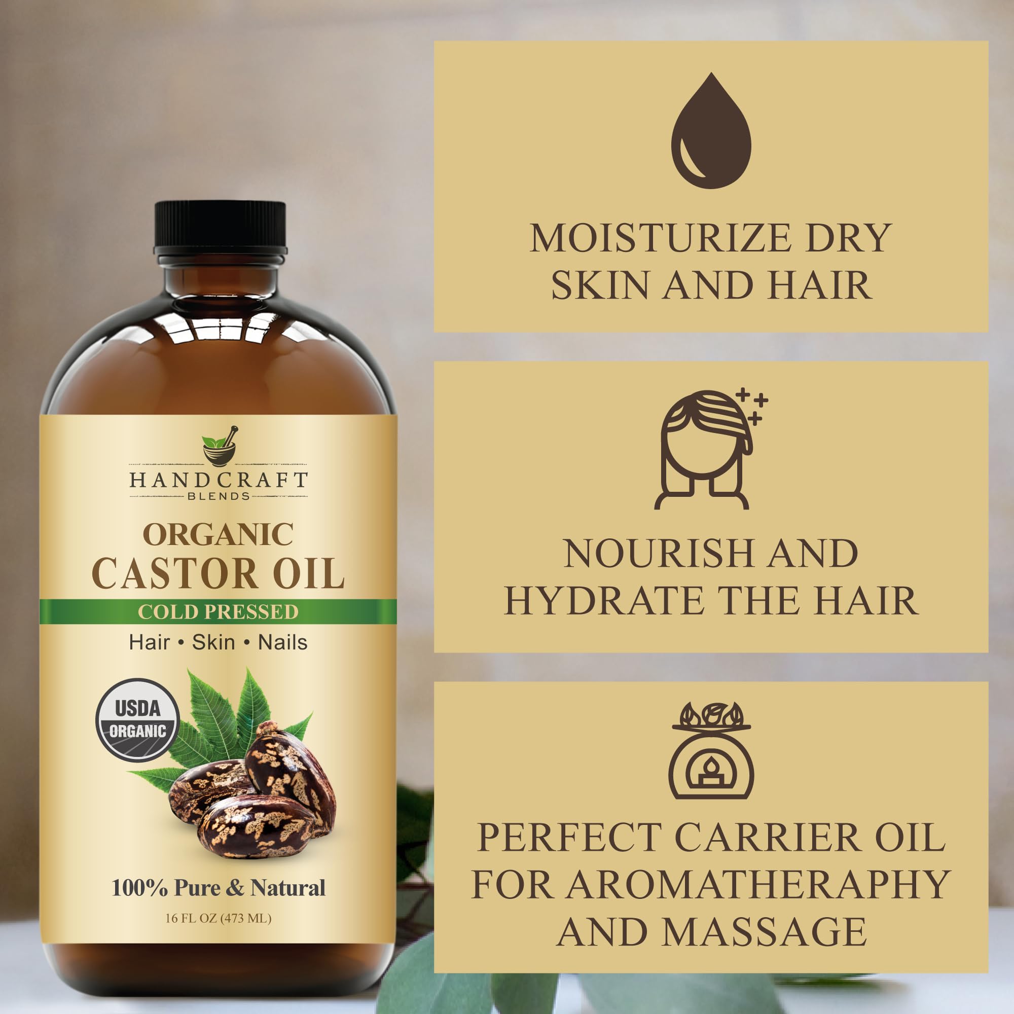 Handcraft Blends Cold-Pressed Organic Castor Oil 16 Fl Oz | Glass Bottle | 100% Pure and Natural | Premium Grade Carrier Oil | Hair, Eyelashes and Eyebrows | Hair and Body