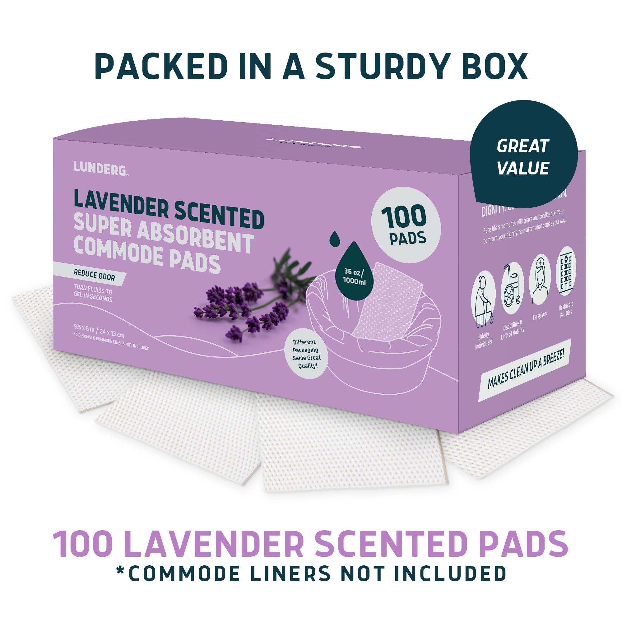 Lunderg Lavender Scented Super Absorbent Commode Pads - Medical Grade Value Pack 100 Count - for Disposable Bedside Commode Liners, Adult Chairs, Portable Buckets & Camping Toilet Bags - Light Scent